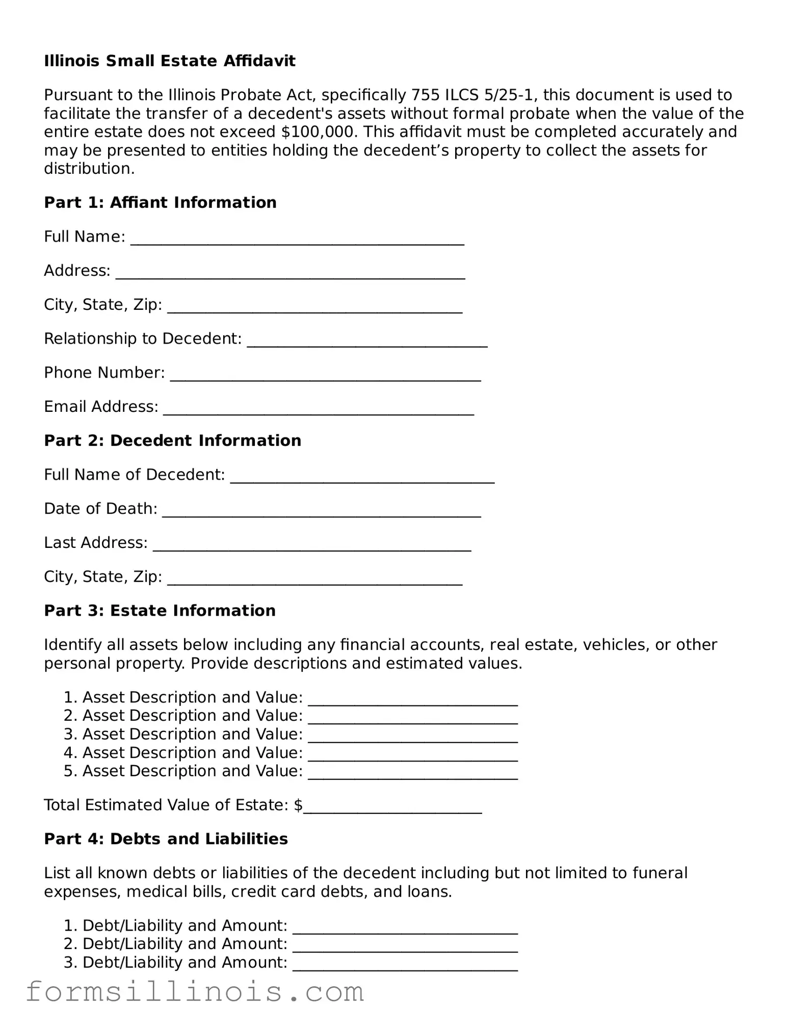 Valid Small Estate Affidavit Form for the State of Illinois