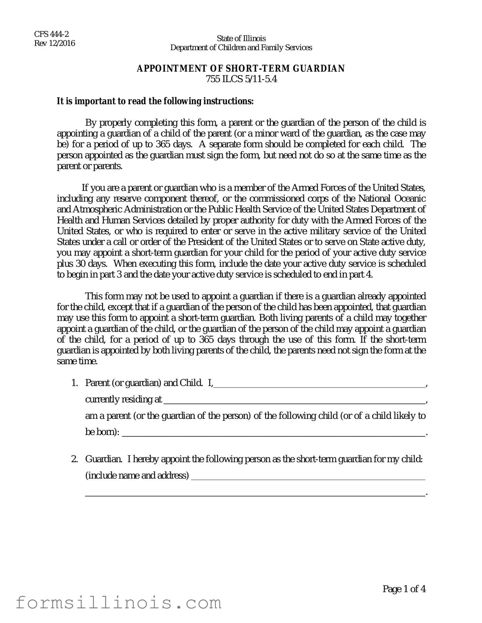 Free Illinois Appointment Short Term Guardian Template