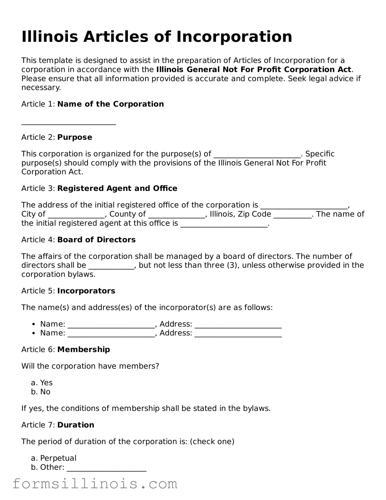 Valid Articles of Incorporation Form for the State of Illinois