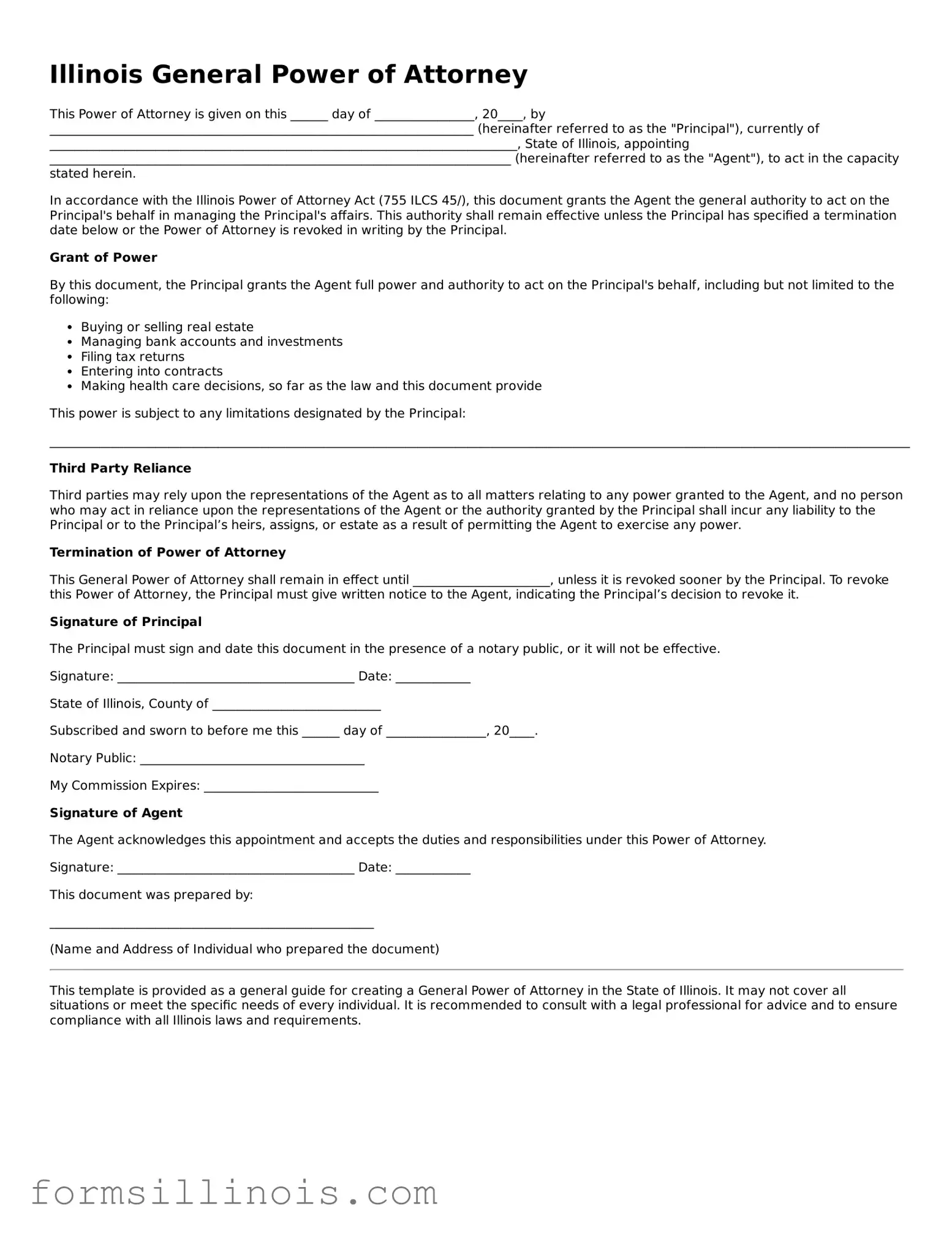 Valid General Power of Attorney Form for the State of Illinois