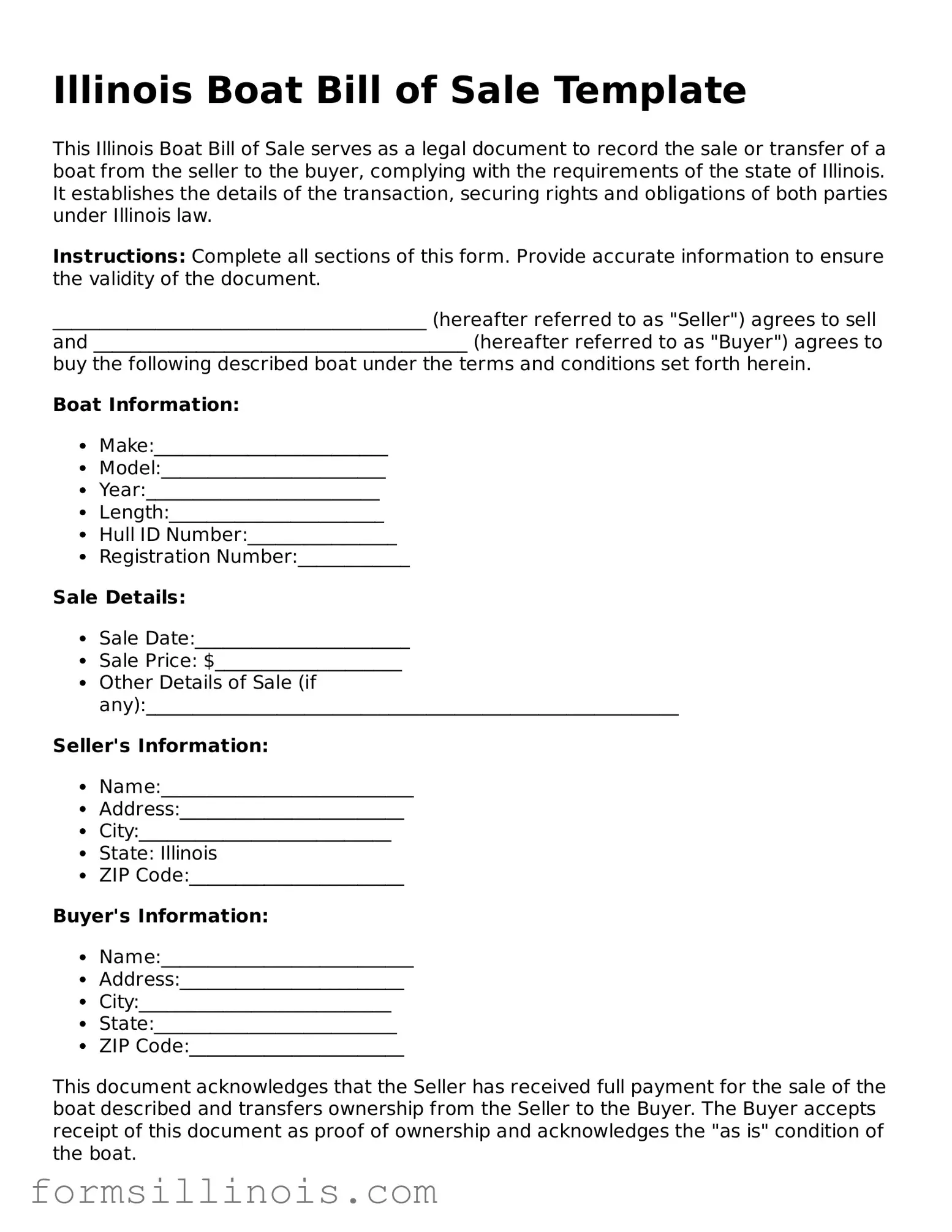 Valid Boat Bill of Sale Form for the State of Illinois