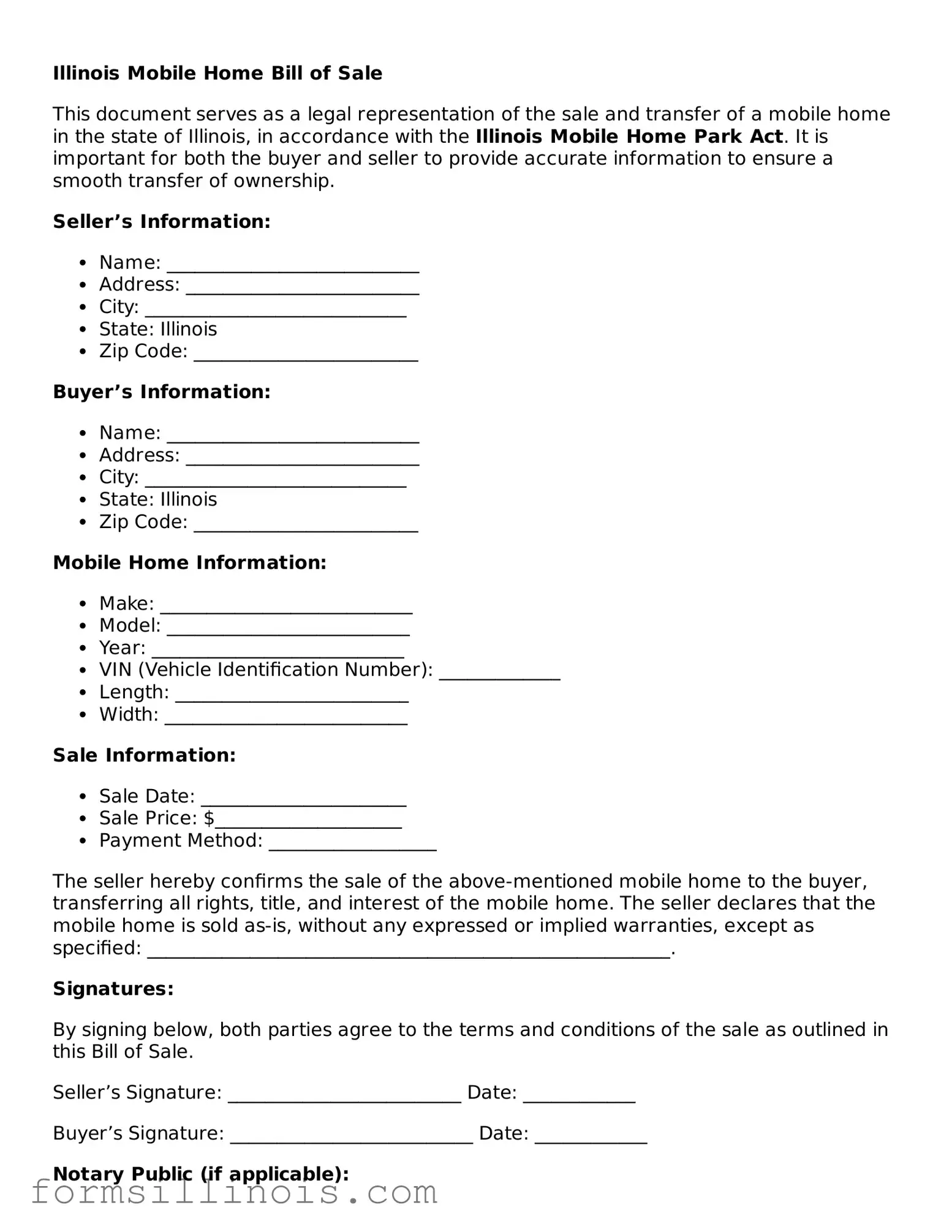 Valid Mobile Home Bill of Sale Form for the State of Illinois