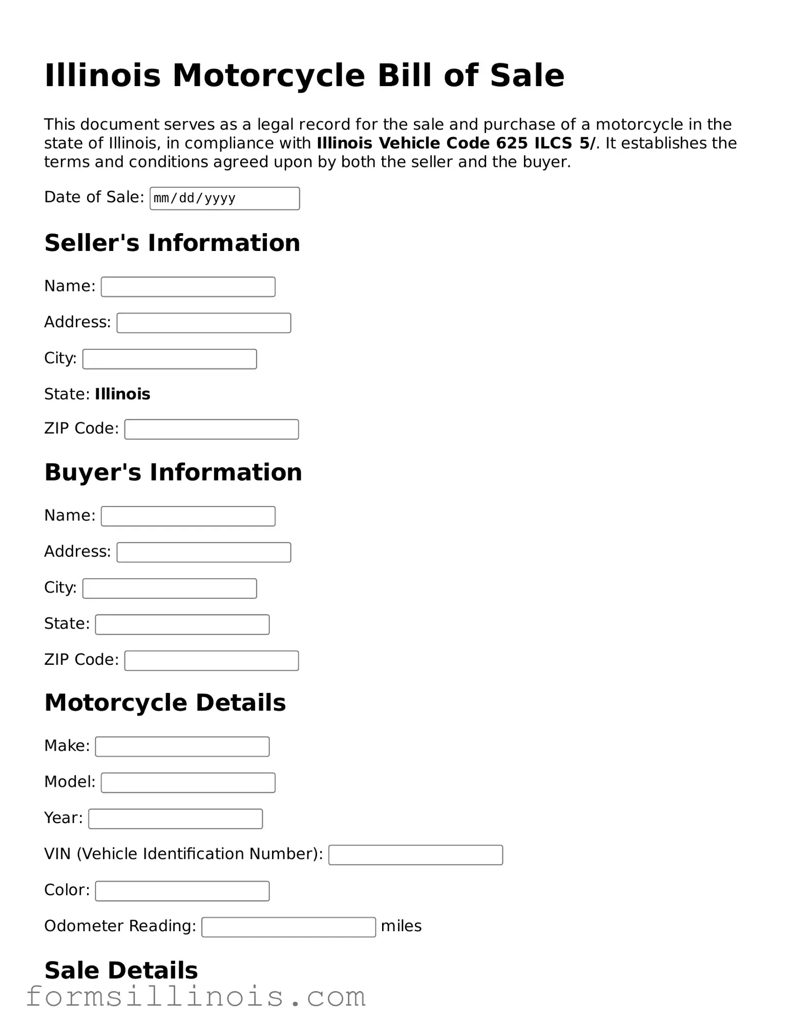 Valid Motorcycle Bill of Sale Form for the State of Illinois