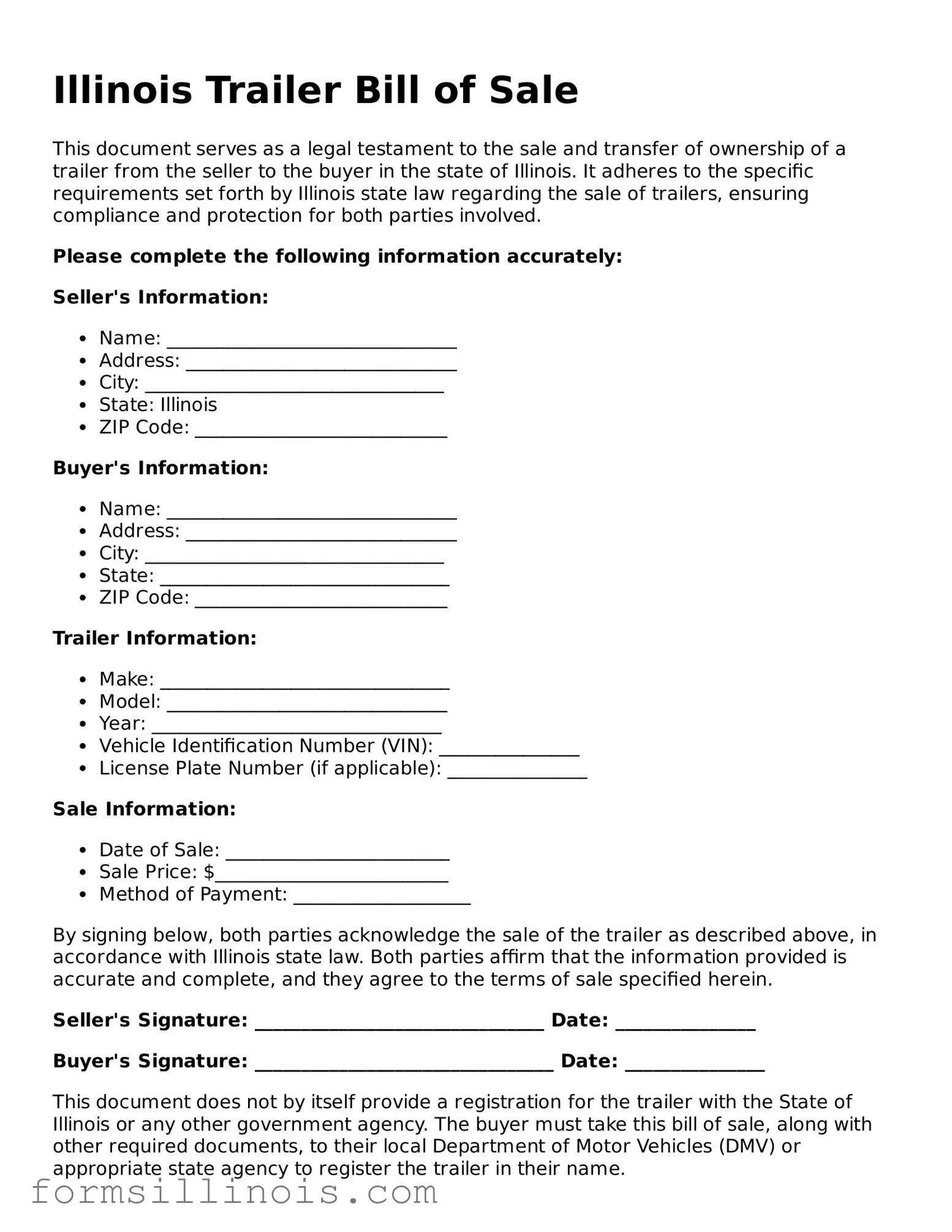 Valid Trailer Bill of Sale Form for the State of Illinois