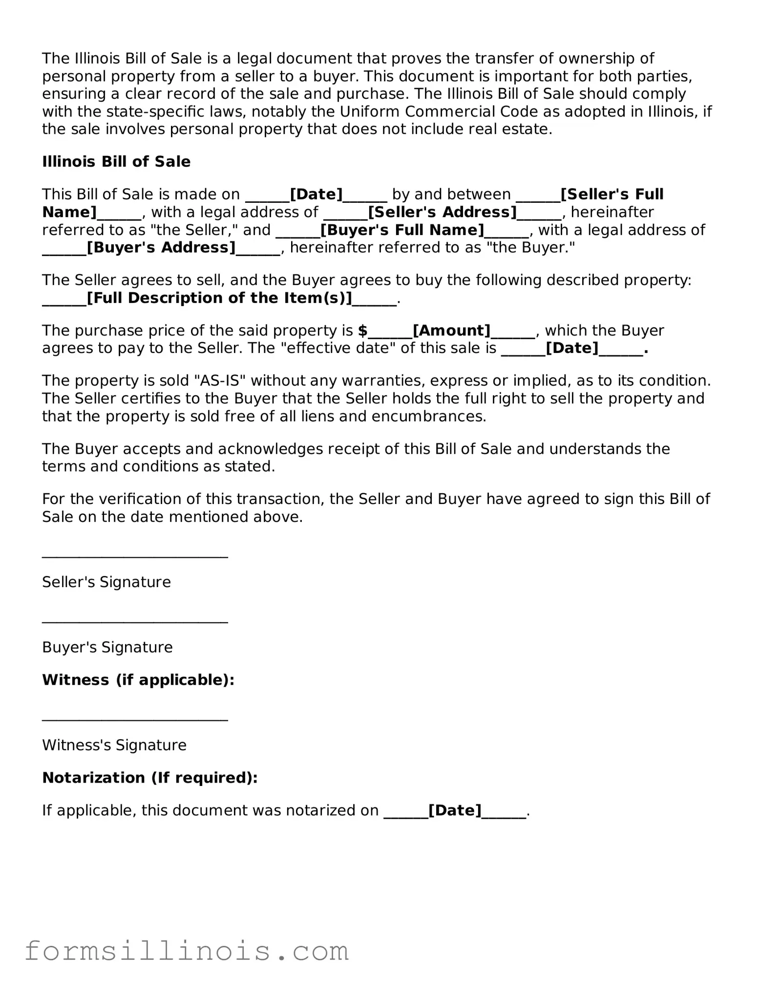 Valid Bill of Sale Form for the State of Illinois