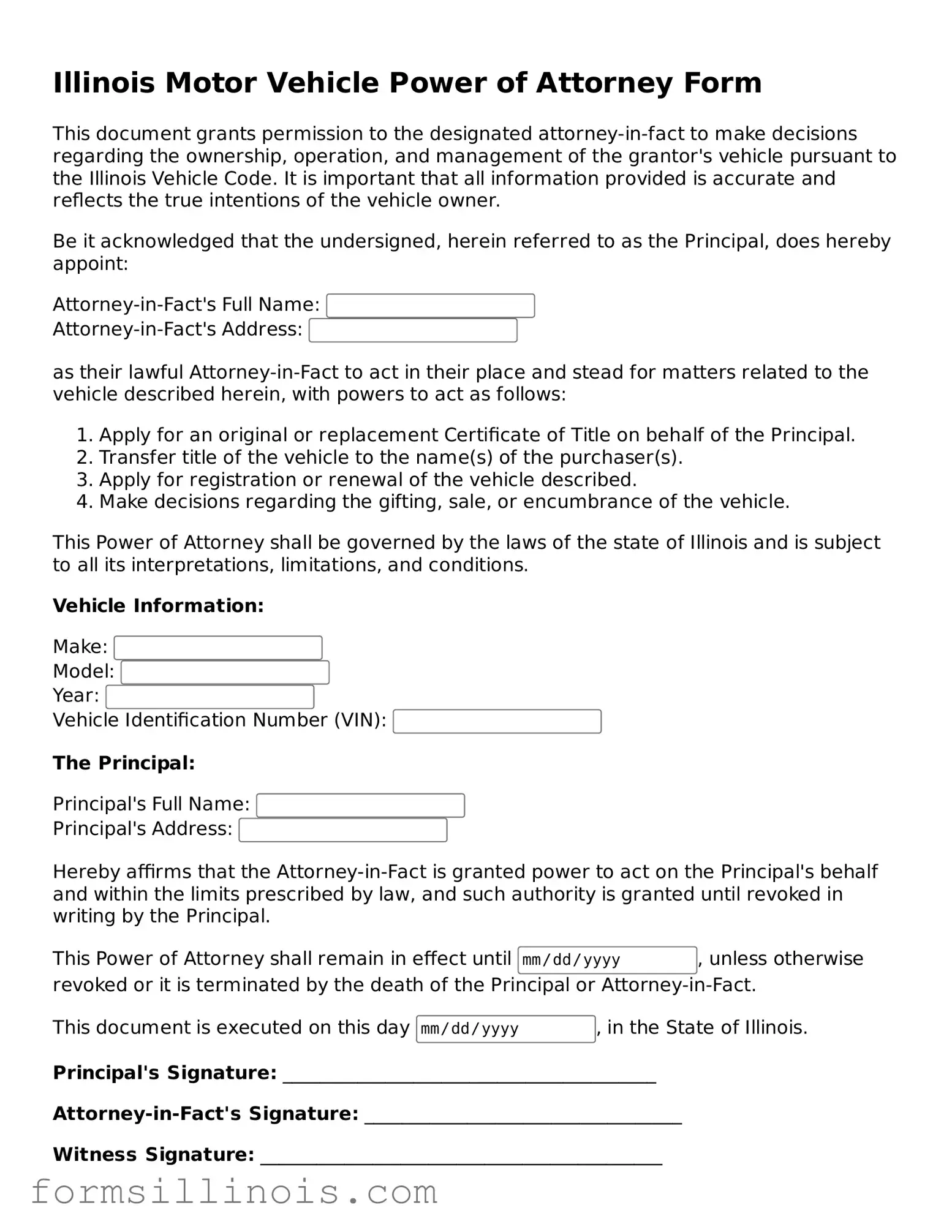 Valid Motor Vehicle Power of Attorney Form for the State of Illinois