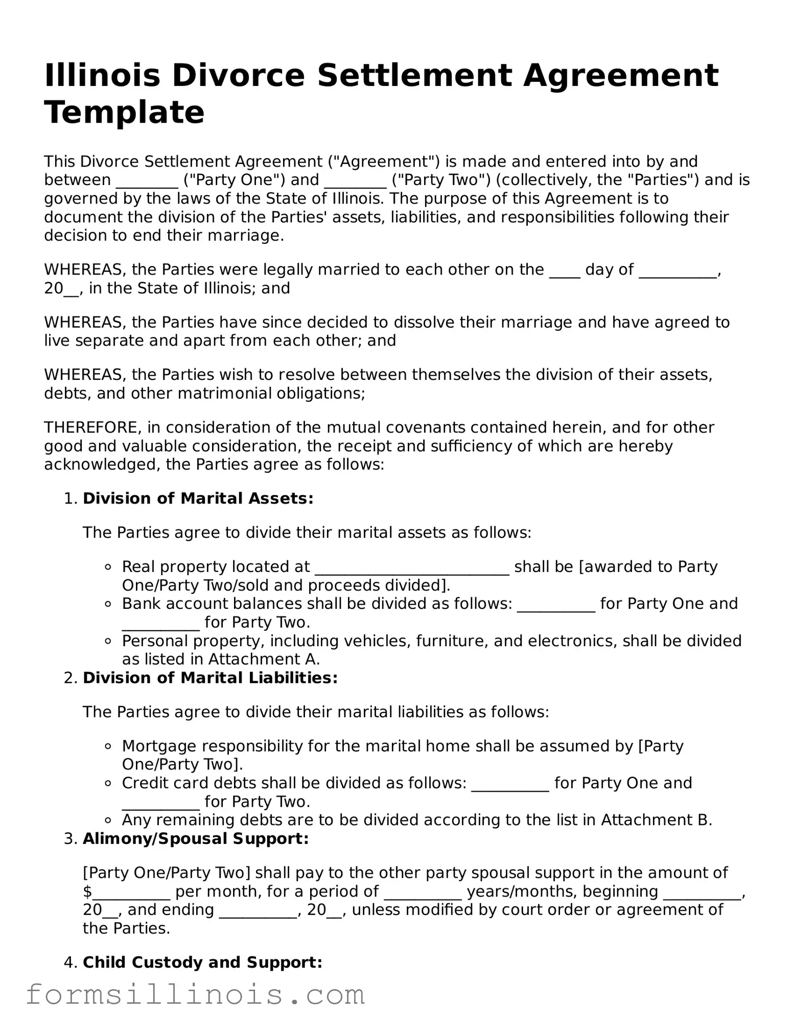 Valid Divorce Settlement Agreement Form for the State of Illinois