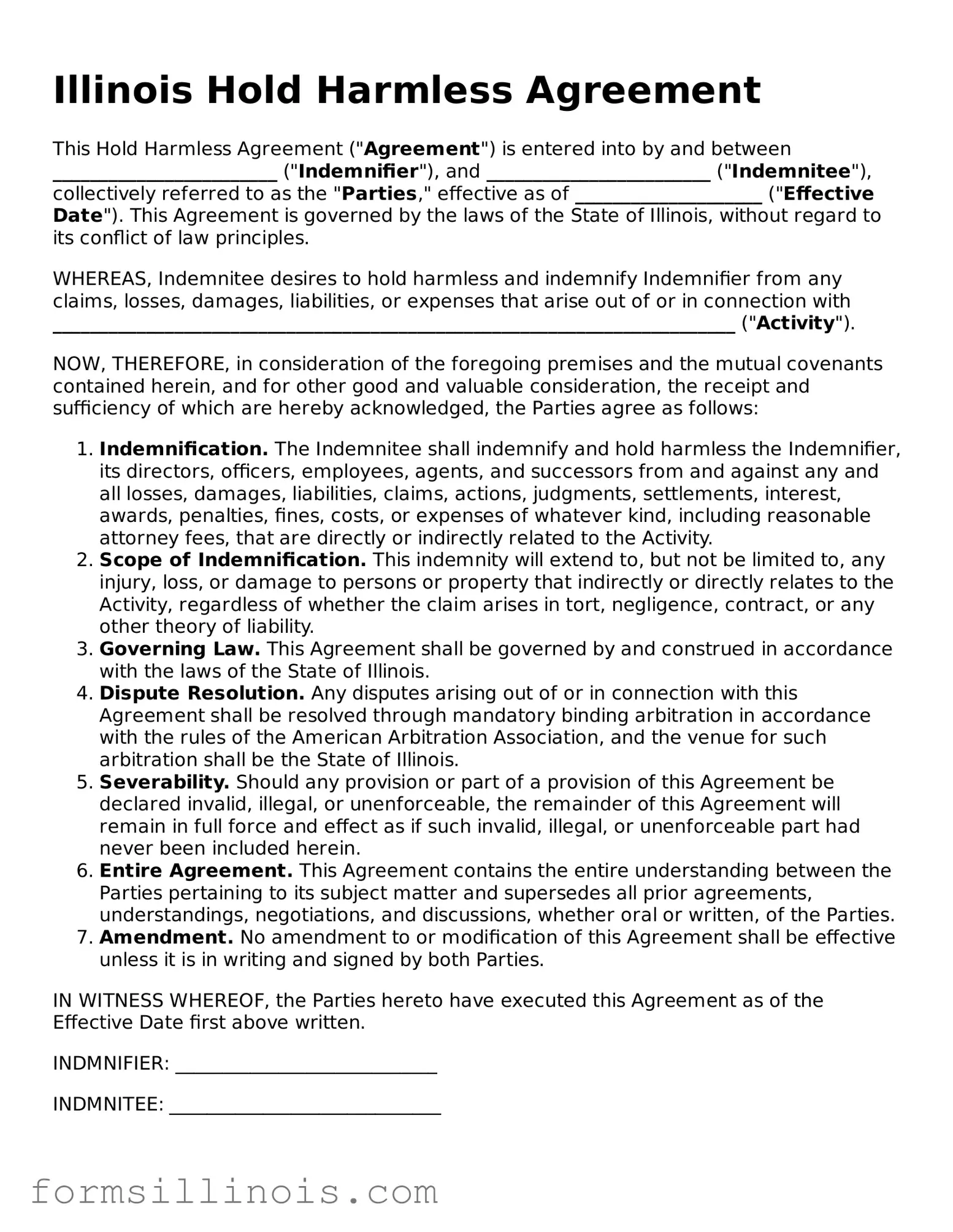 Valid Hold Harmless Agreement Form for the State of Illinois