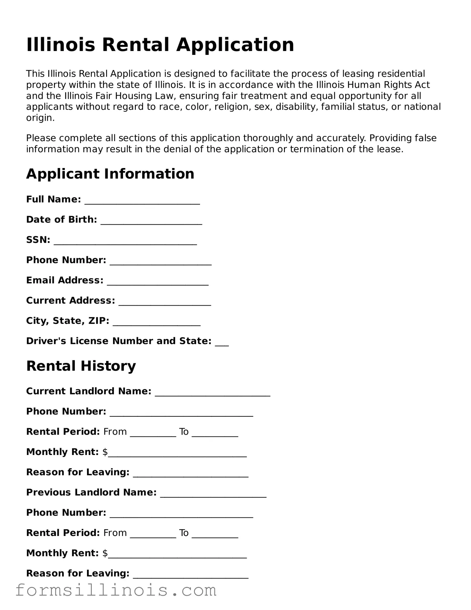 Valid Rental Application Form for the State of Illinois