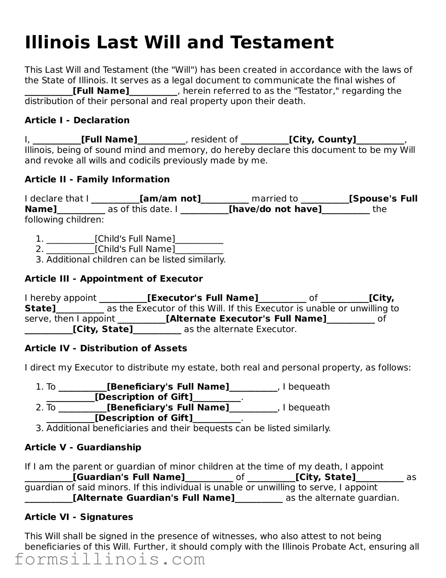Valid Last Will and Testament Form for the State of Illinois