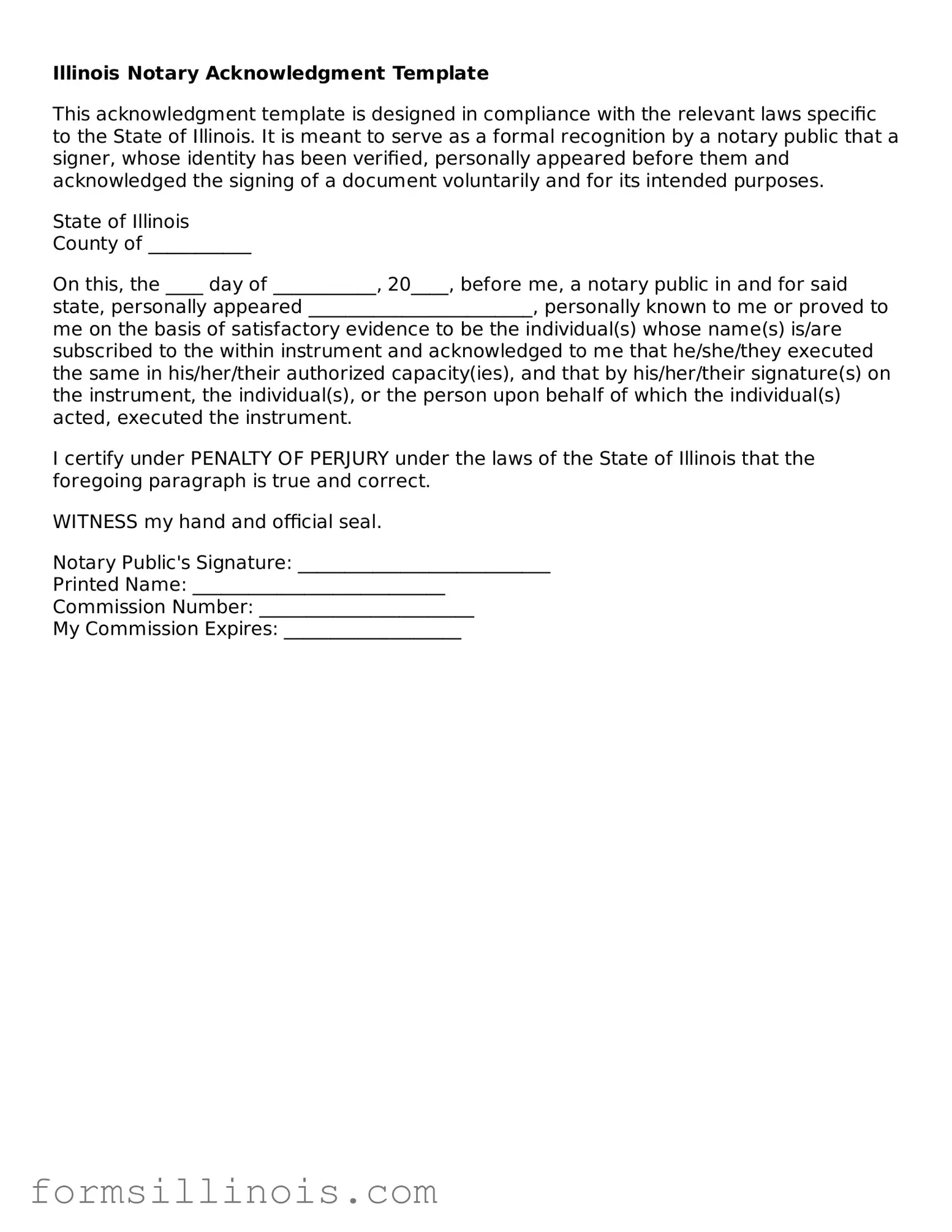 Valid Notary Acknowledgement Form for the State of Illinois