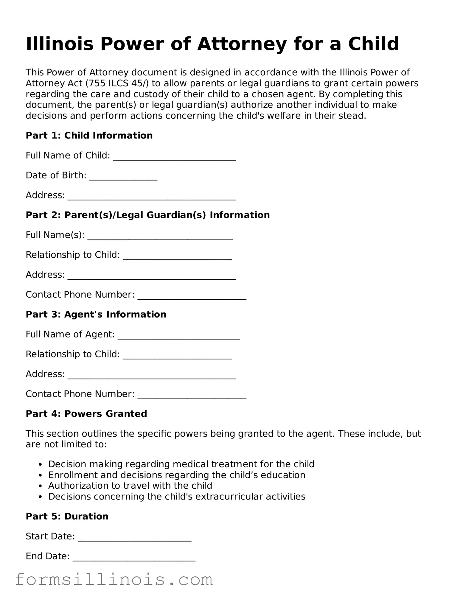 Valid Power of Attorney for a Child Form for the State of Illinois