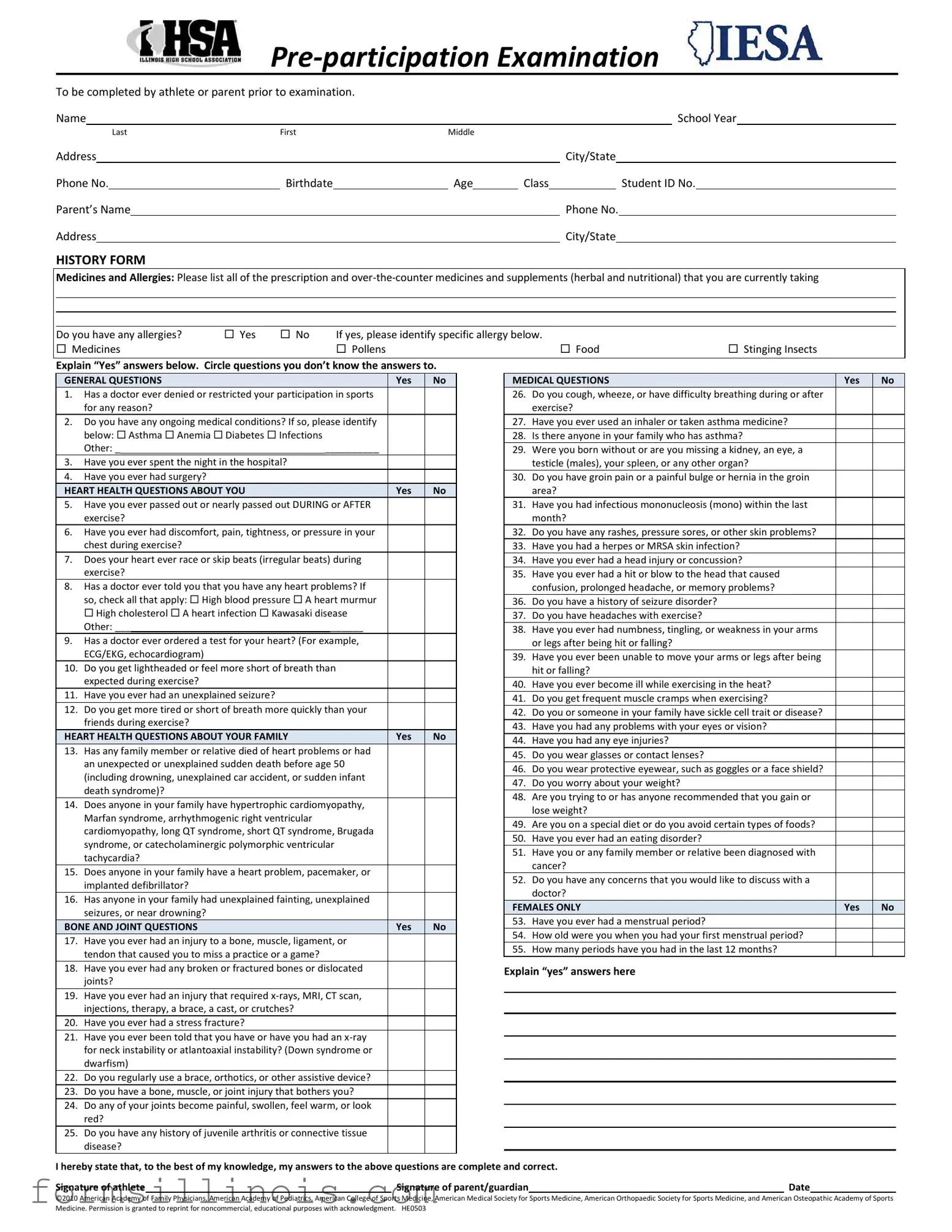 Free Illinois Pre Participation Physical Template