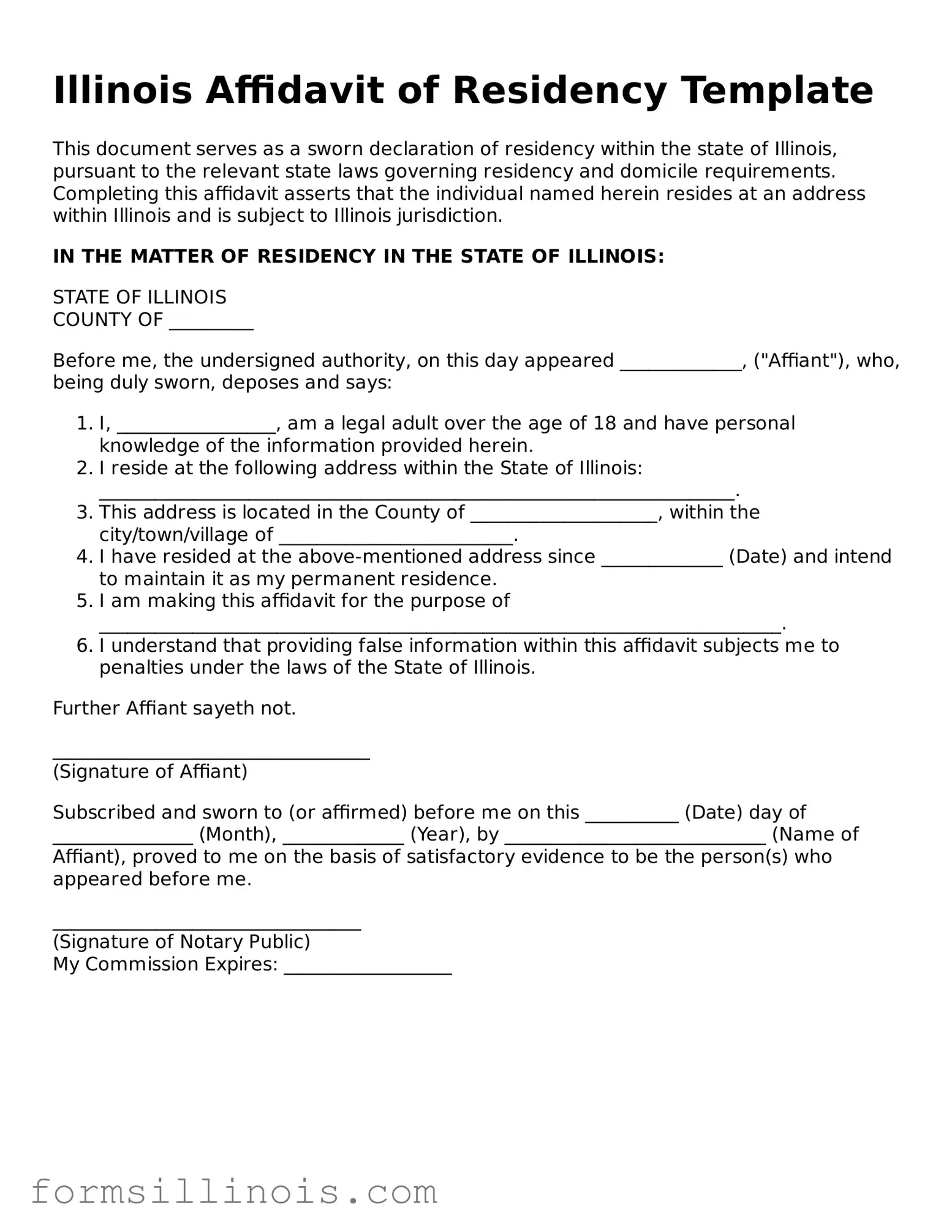 Valid Affidavit of Residency Form for the State of Illinois