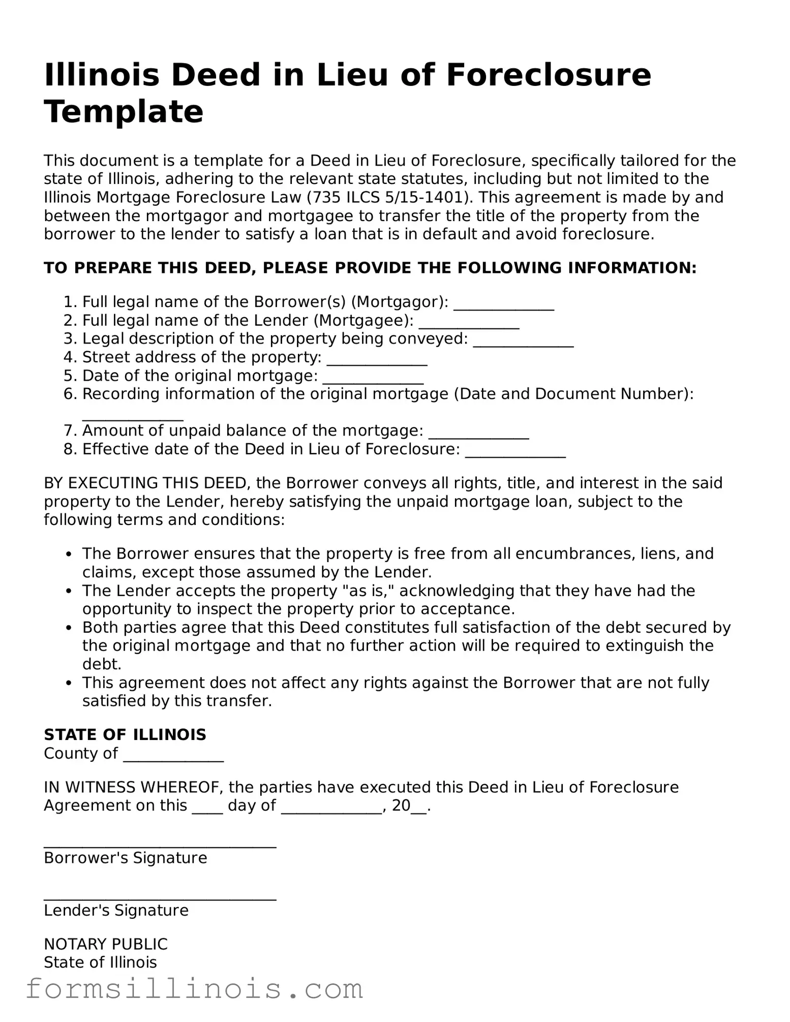 Valid Deed in Lieu of Foreclosure Form for the State of Illinois