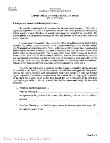 Free Illinois Appointment Short Term Guardian Template