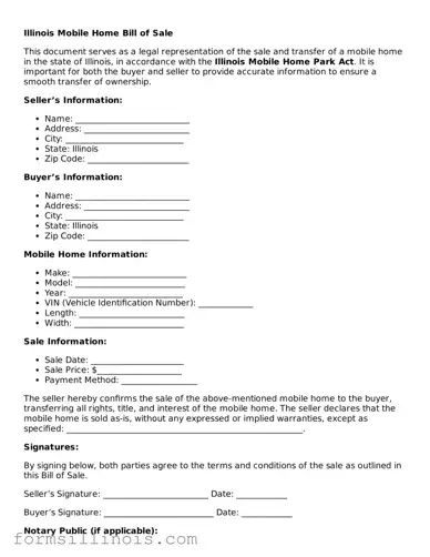 Valid Mobile Home Bill of Sale Form for the State of Illinois