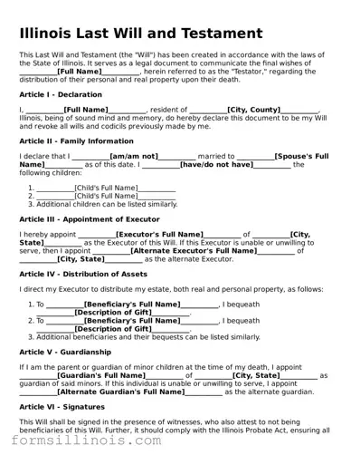 Valid Last Will and Testament Form for the State of Illinois